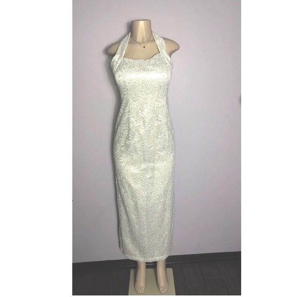 White lace halter silver sequin gown